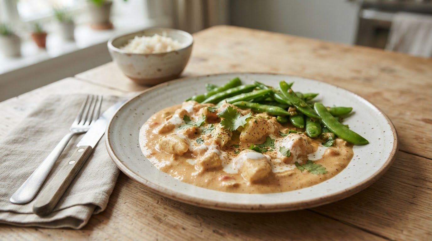 Kremet indisk kylling korma med sprø sukkererter – illustrasjonsbilde