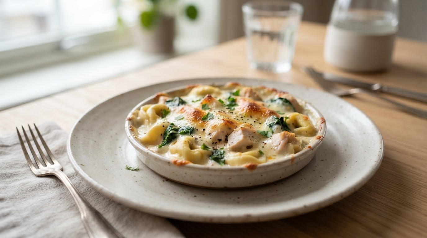 Kremet italiensk tortellinigrateng med kylling og spinat – illustrasjonsbilde