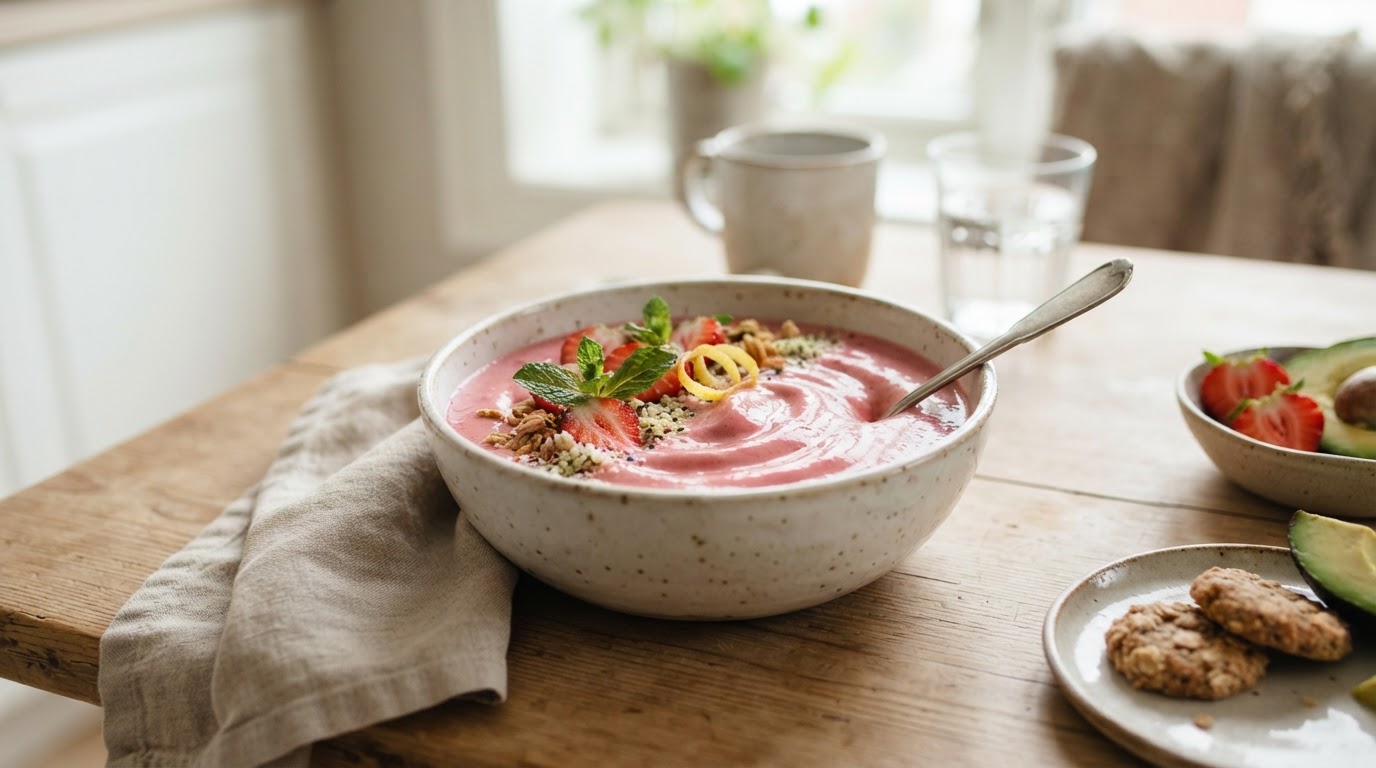 Kremet jordbærsmoothie med avokado og sitron – slik ser retten ut