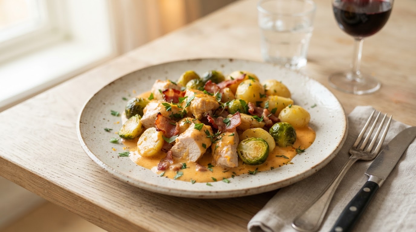 Kremet juleform med kalkun, bacon og appelsinsaus – illustrasjonsbilde