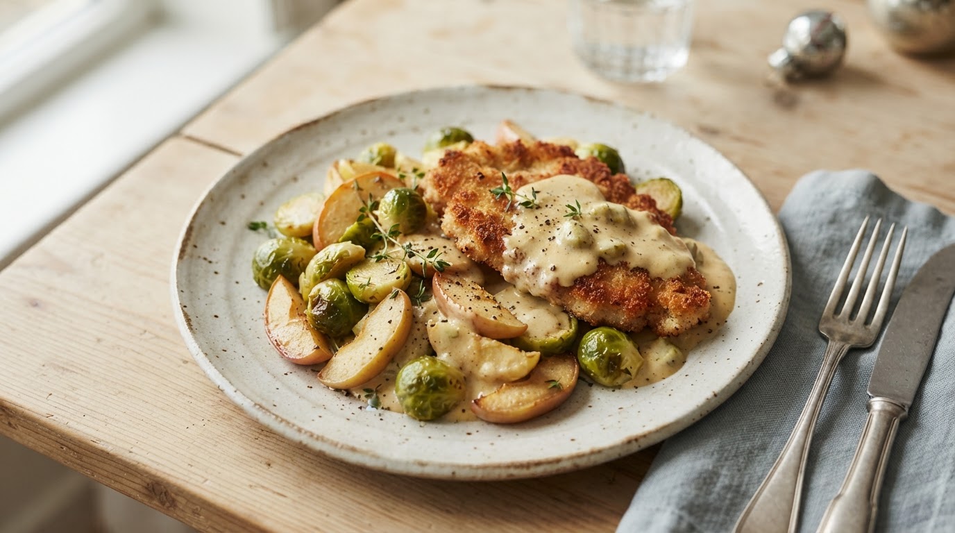 Kremet juleform med kalkunschnitzel, eple og rosenkål – illustrasjonsbilde