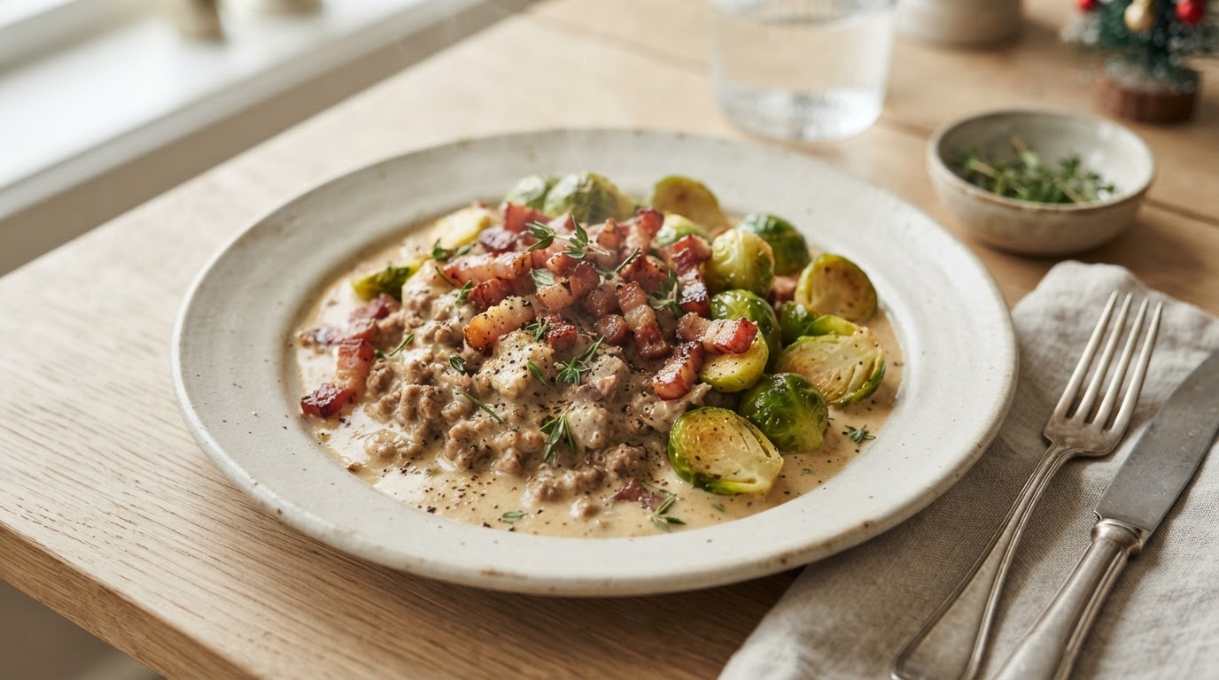 Kremet julepanne med lammekjøttdeig, bacon og rosenkål – illustrasjonsbilde