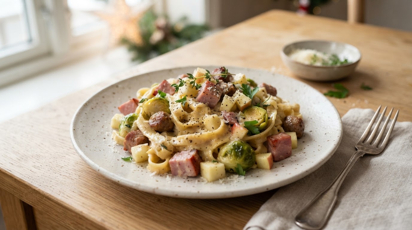 Kremet julepasta med juleskinke, norske epler og rosenkål – illustrasjonsbilde