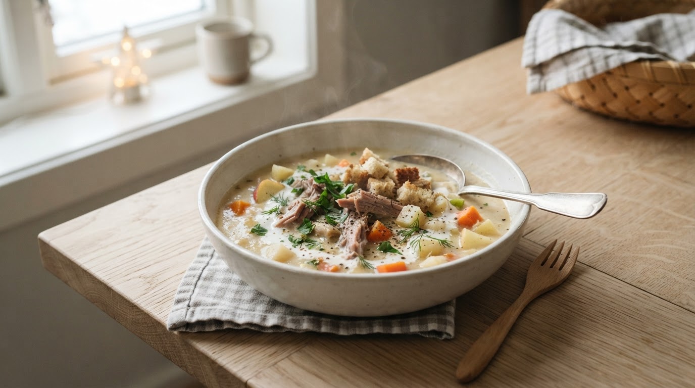 Kremet julesuppe med julerester, rotgrønnsaker og epler – illustrasjonsbilde