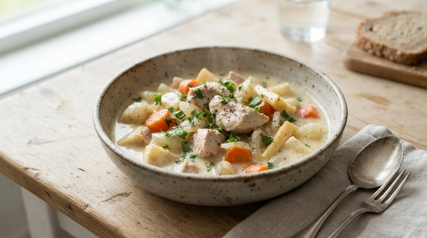Kremet kalkungryte med rotgrønnsaker i slow cooker – illustrasjonsbilde