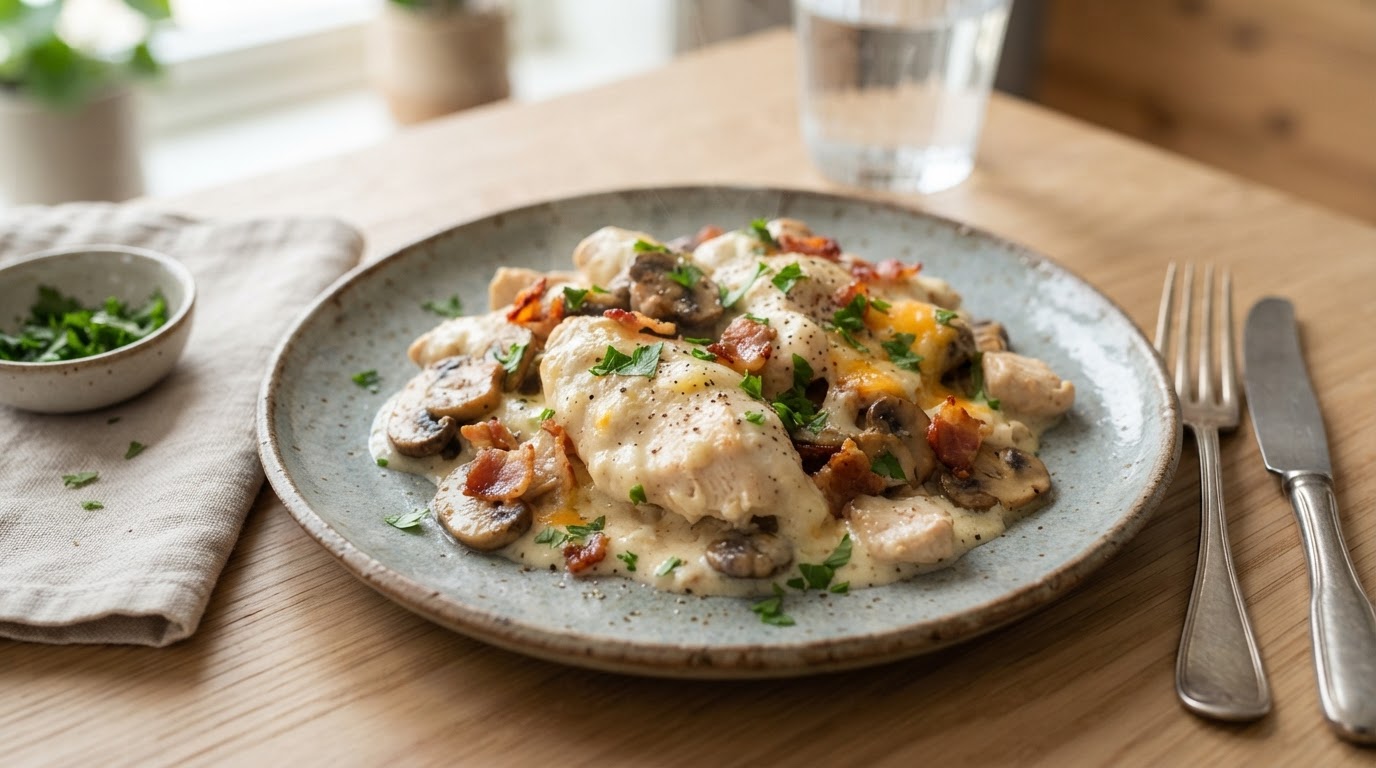 Kremet keto-kylling med sopp og sprøstekt bacon – slik ser retten ut