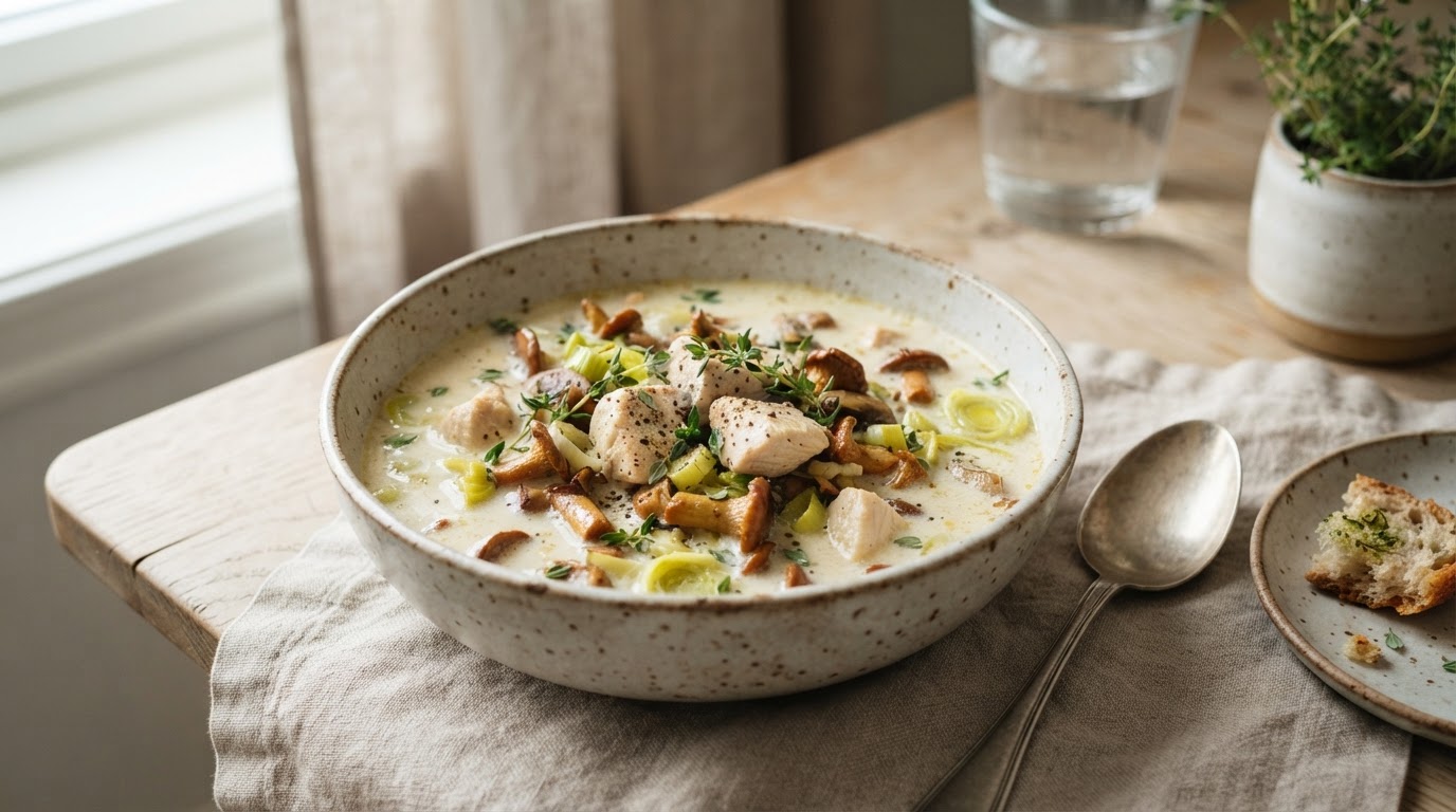 Kremet keto kyllingsuppe med smørstekt skogssopp og timian – illustrasjonsbilde