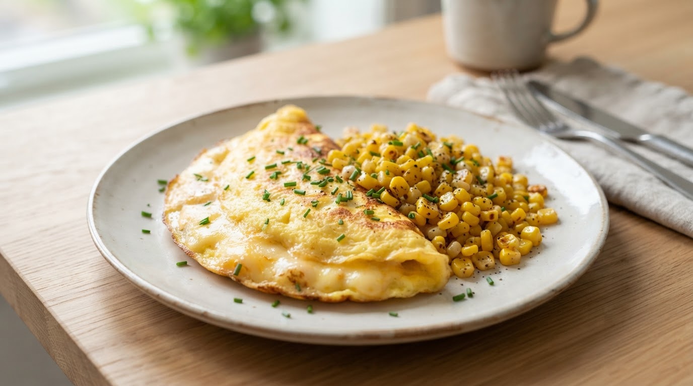 Kremet keto-osteomelett med ristet fersk mais – slik ser retten ut