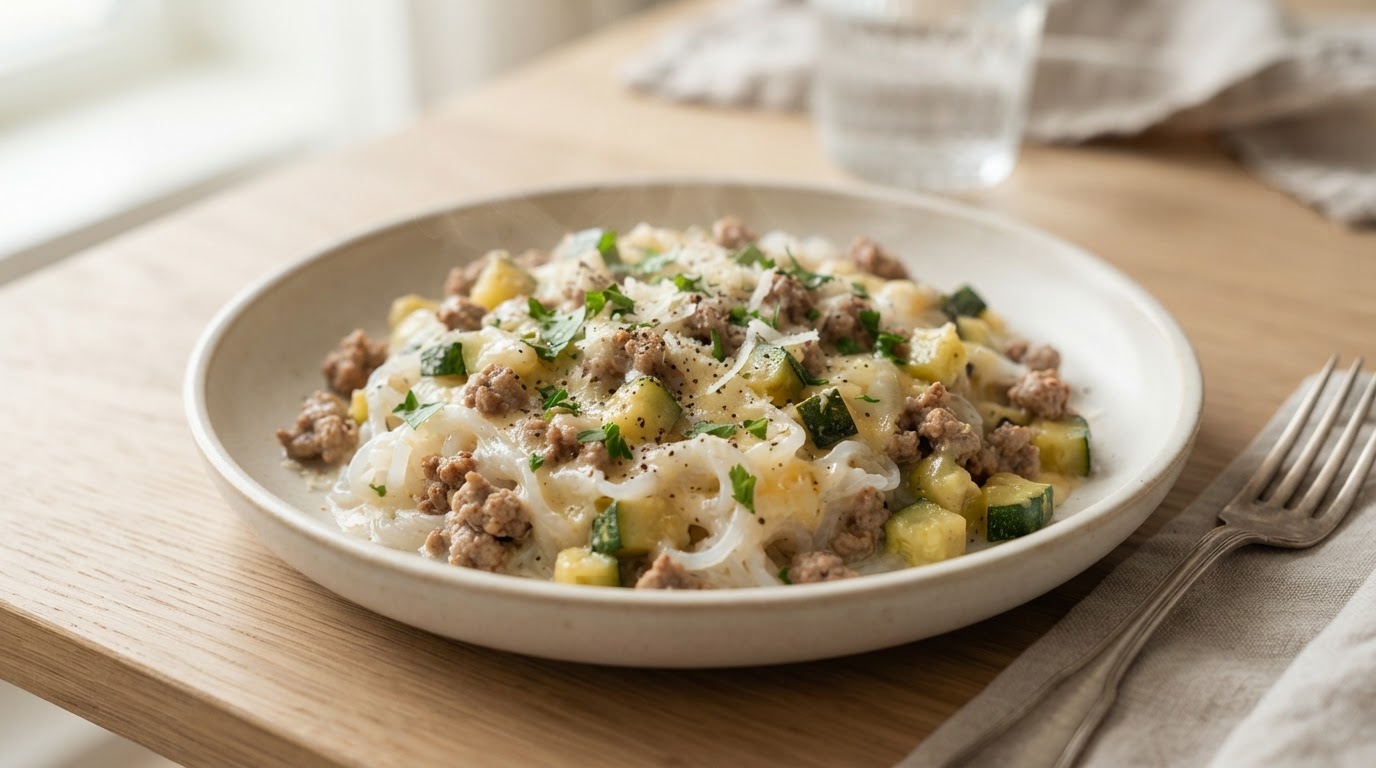 Kremet Keto-Pastapanne med Svinekjøttdeig og Ost – slik ser retten ut