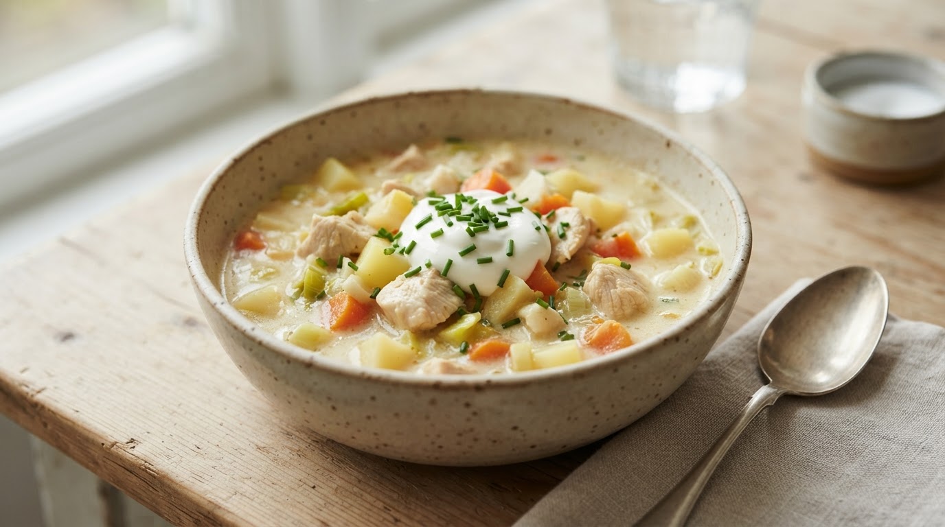 Kremet kylling- og potetsuppe med rotgrønnsaker – slik ser retten ut