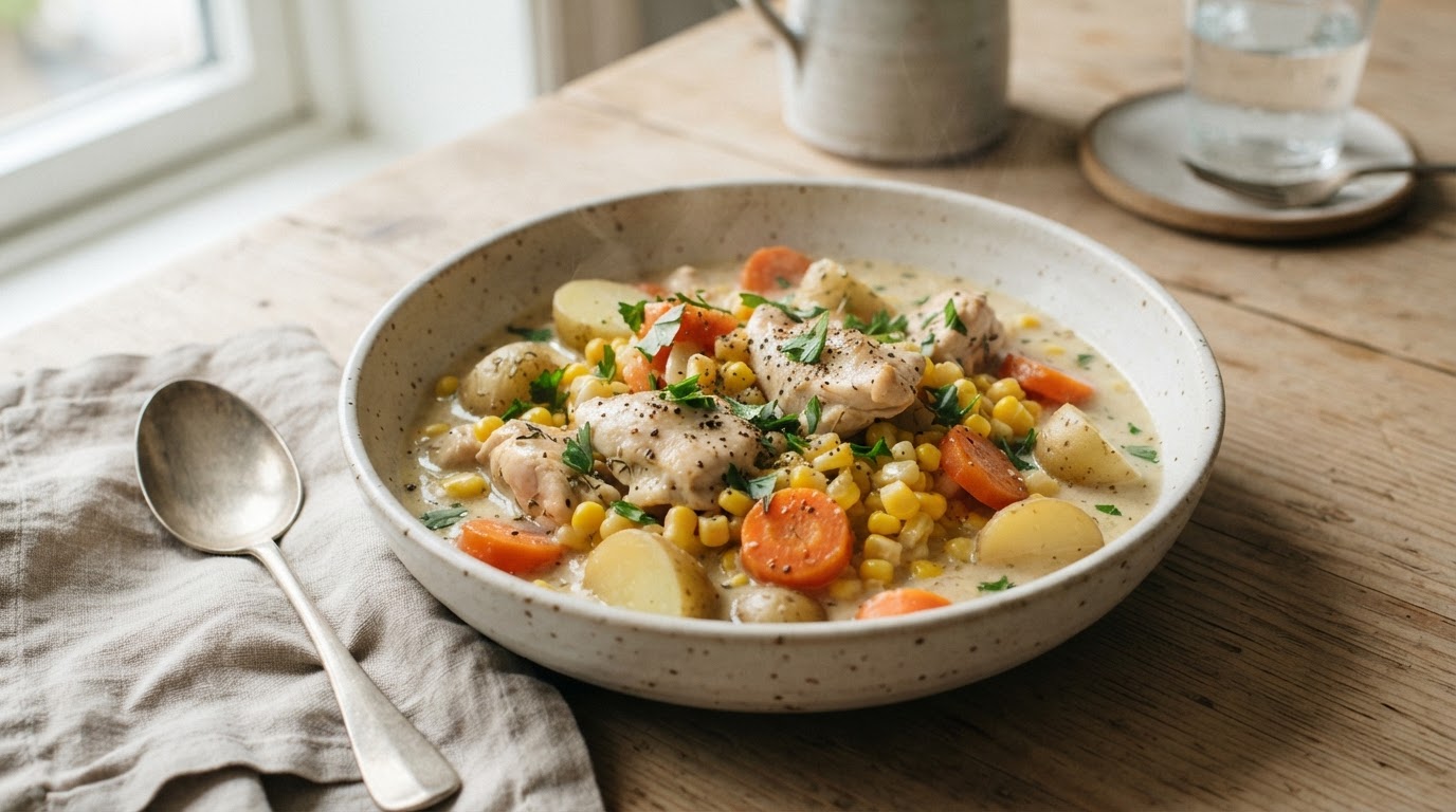 Kremet kyllinggryte med augustmais og rotgrønnsaker i slow cooker – slik ser retten ut