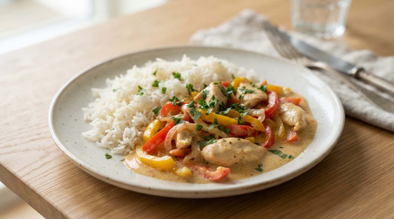 Kremet kyllinggryte med paprika og ris – illustrasjonsbilde
