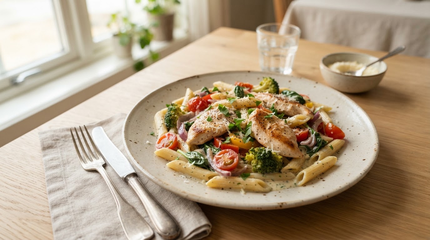 Kremet kyllingpanne med pasta og grønnsaker – illustrasjonsbilde
