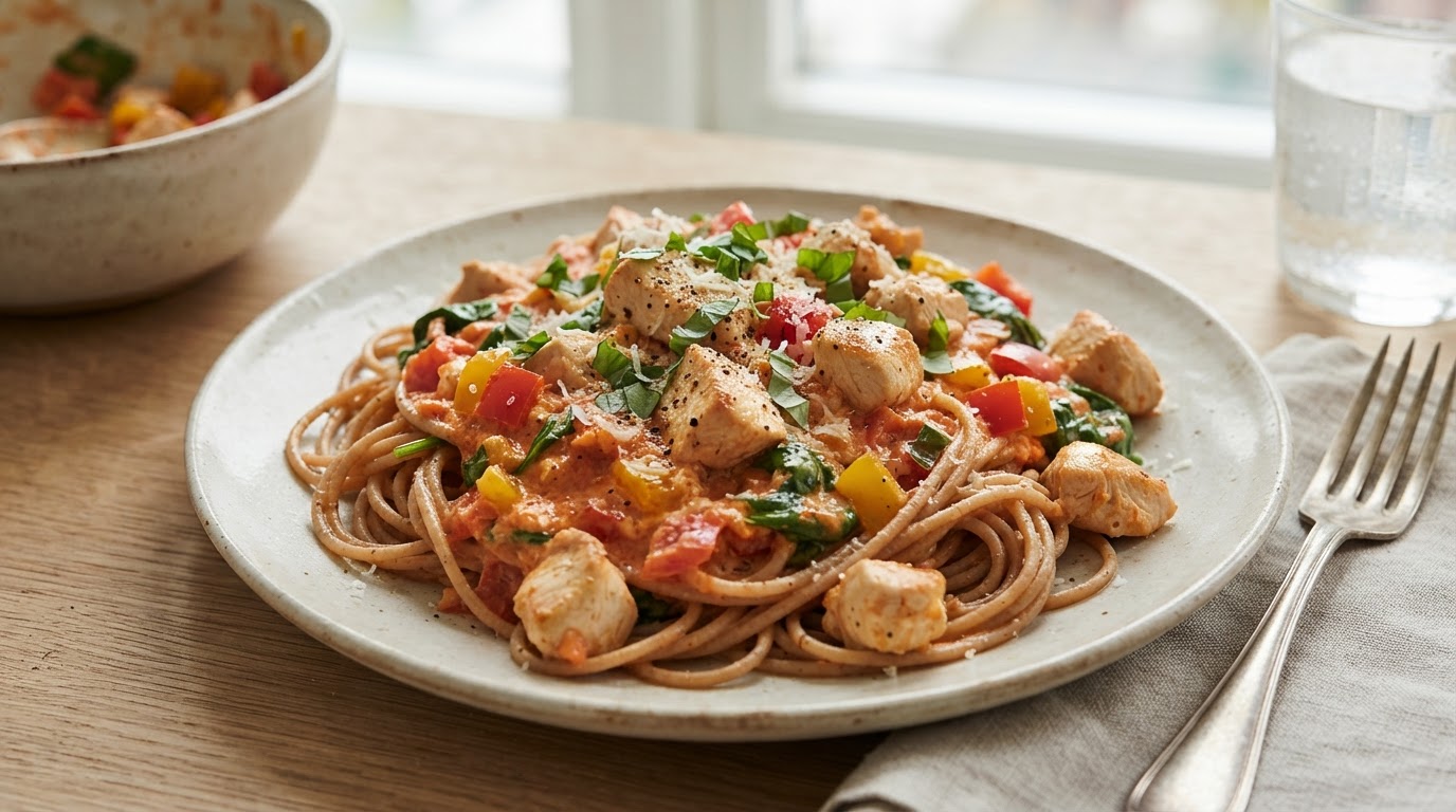 Kremet kyllingpasta i grønnsaksrik tomatsaus – illustrasjonsbilde