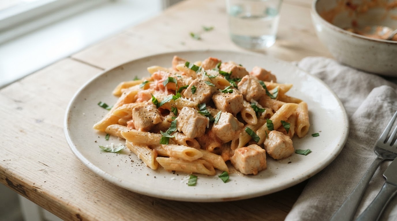 Kremet kyllingpasta i mild tomatsaus – illustrasjonsbilde