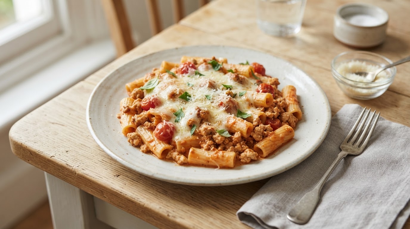 Kremet kyllingpasta i mild tomatsaus med mozzarella – illustrasjonsbilde