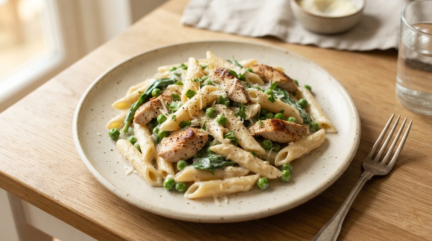 Kremet kyllingpasta med erter og parmesan – illustrasjonsbilde