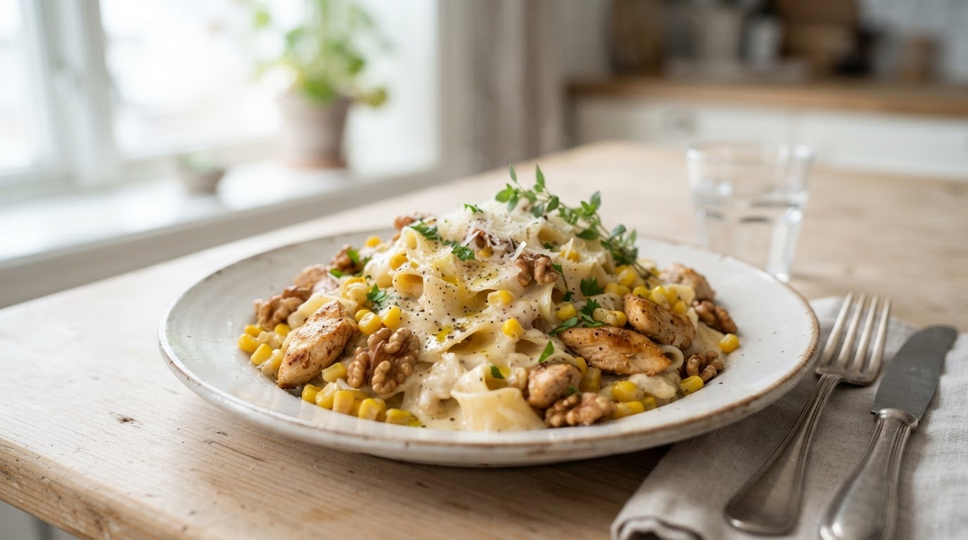 Kremet kyllingpasta med fersk mais og ristede valnøtter – illustrasjonsbilde