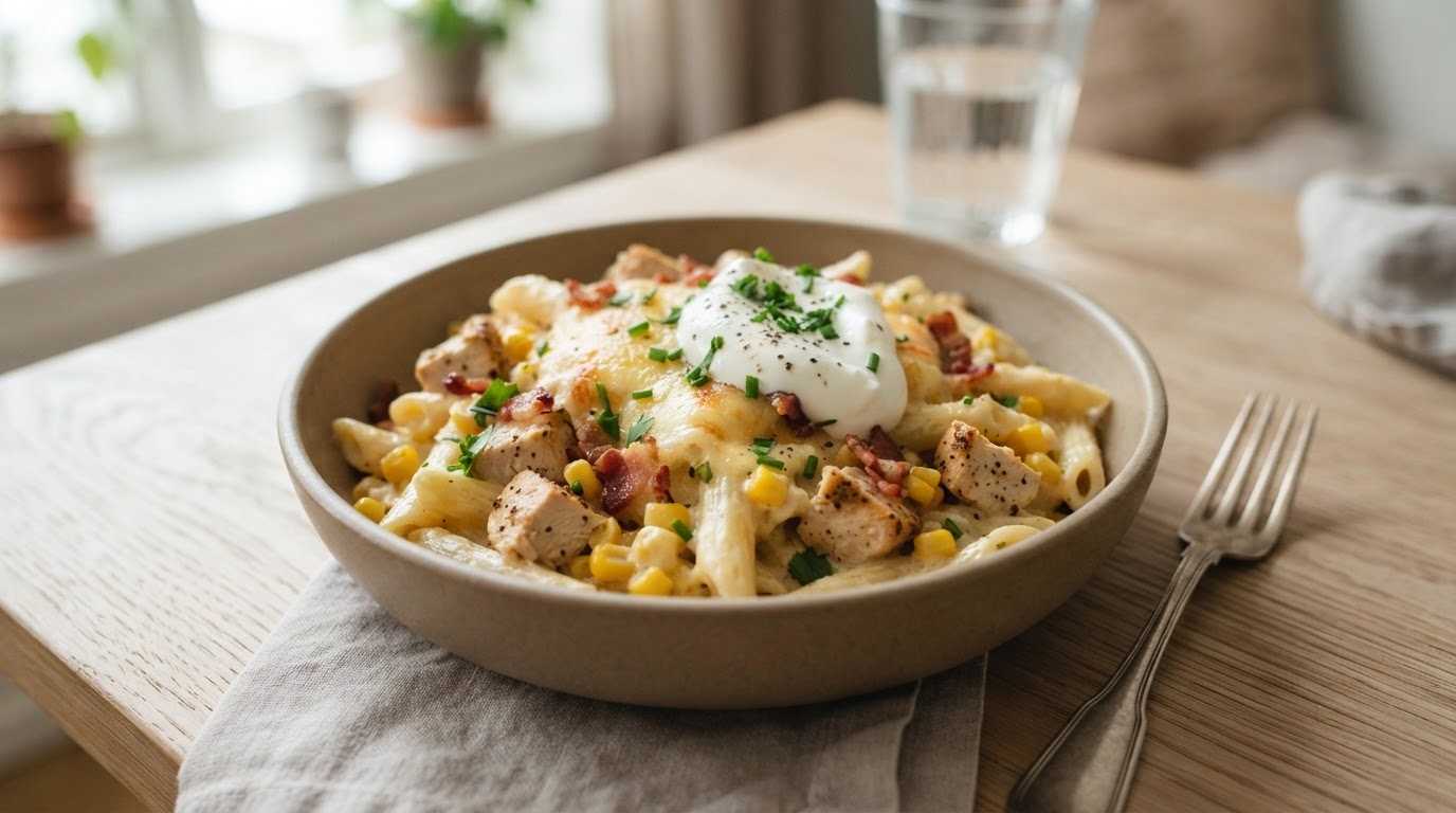 Kremet kyllingpasta med fersk mais og sprø bacon – illustrasjonsbilde