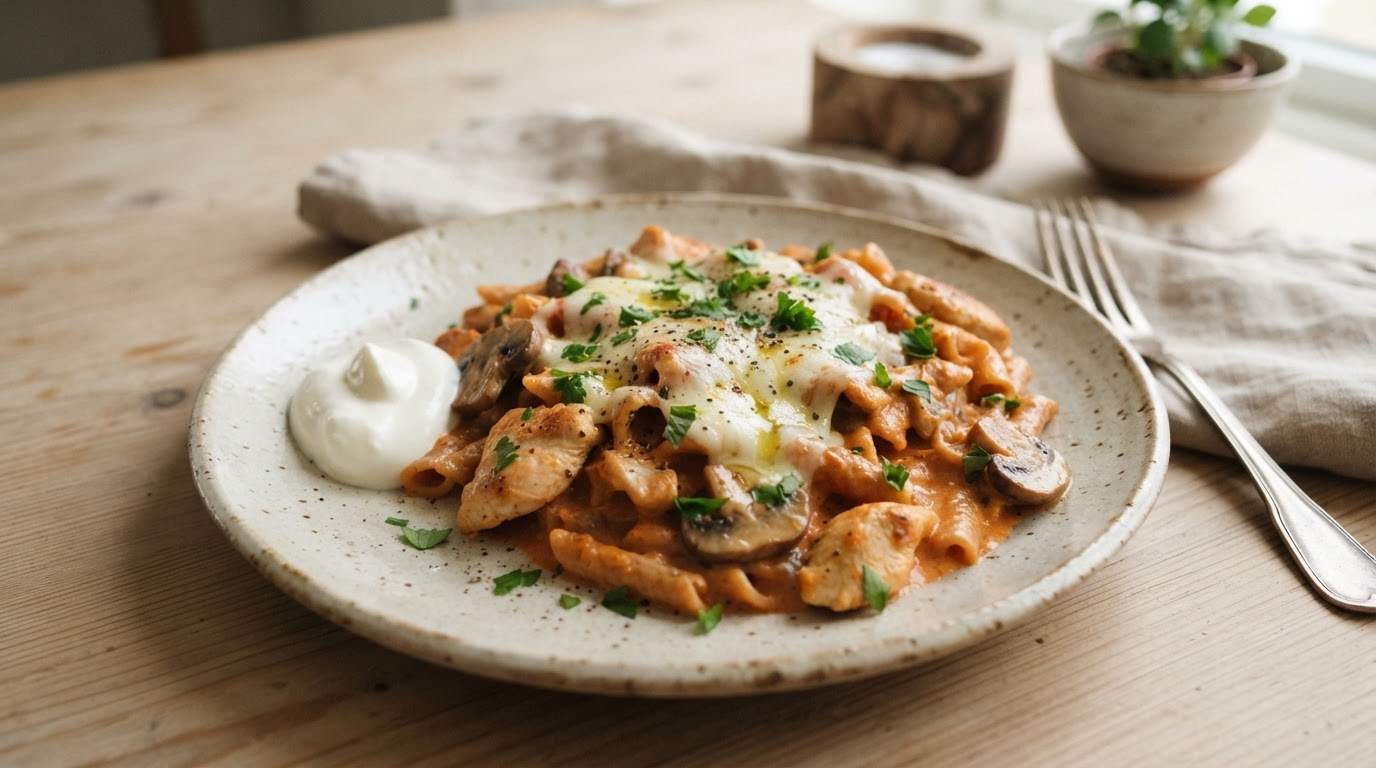 Kremet kyllingpasta med fersk sopp og mozzarella – slik ser retten ut