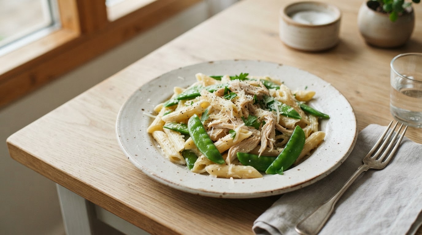 Kremet kyllingpasta med ferske norske sukkererter – slik ser retten ut