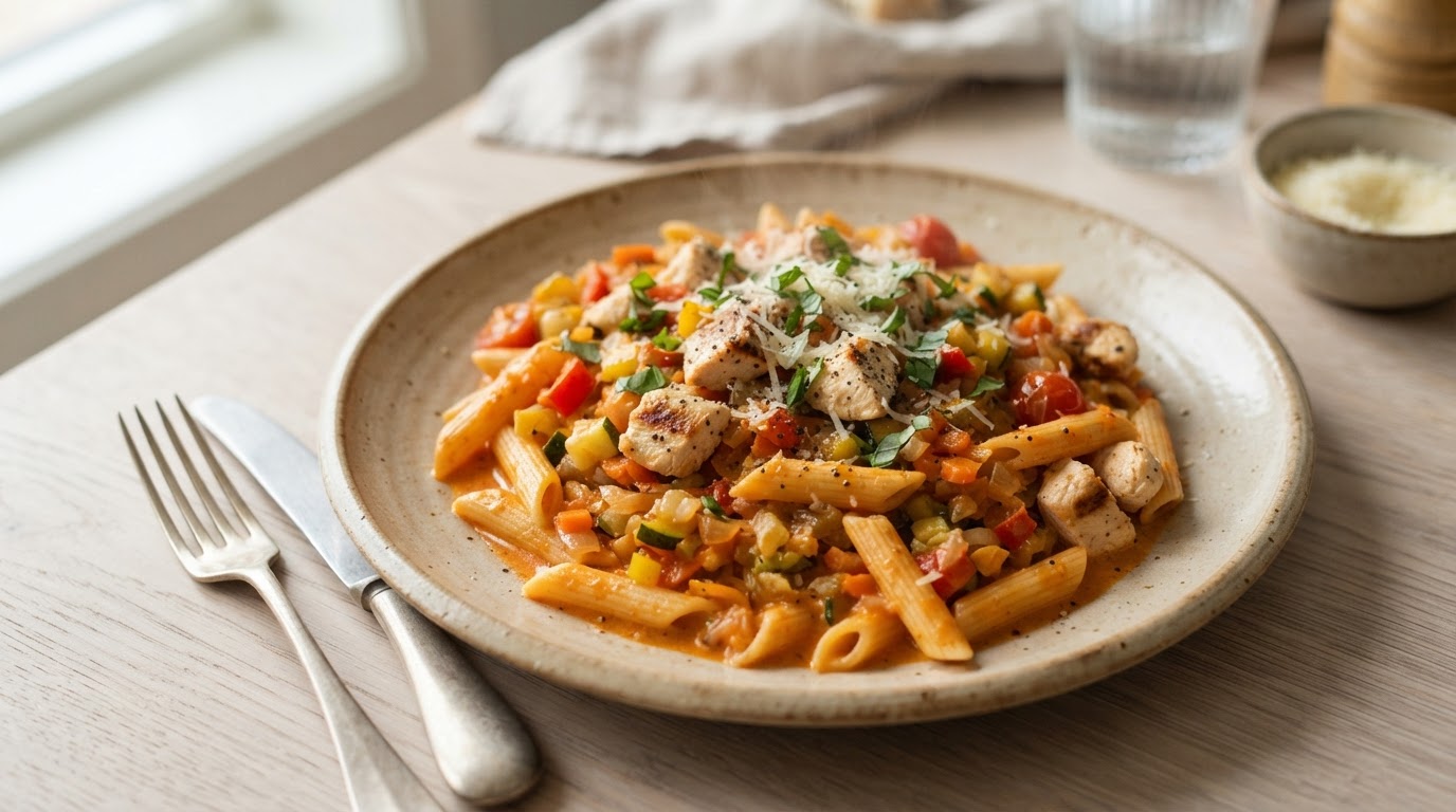 Kremet kyllingpasta med grønnsaksrik tomatsaus – illustrasjonsbilde