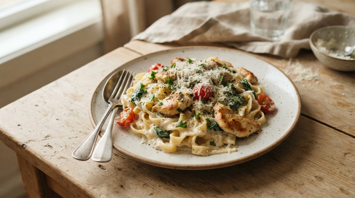 Kremet kyllingpasta med parmesan – illustrasjonsbilde