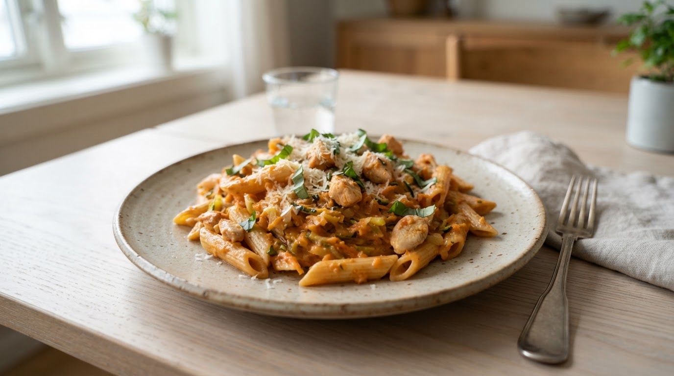 Kremet kyllingpasta med revne grønnsaker