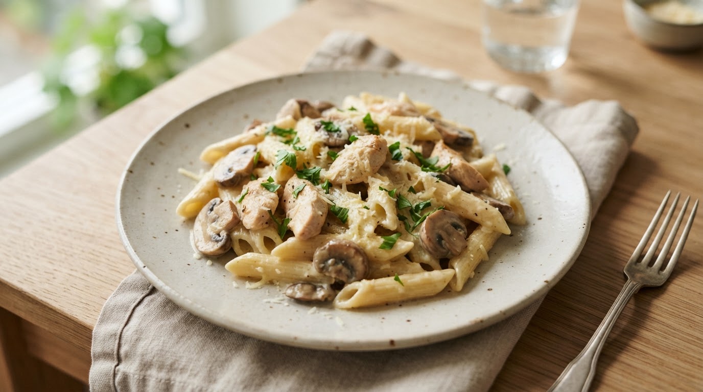 Kremet kyllingpasta med sopp og ost – slik ser retten ut