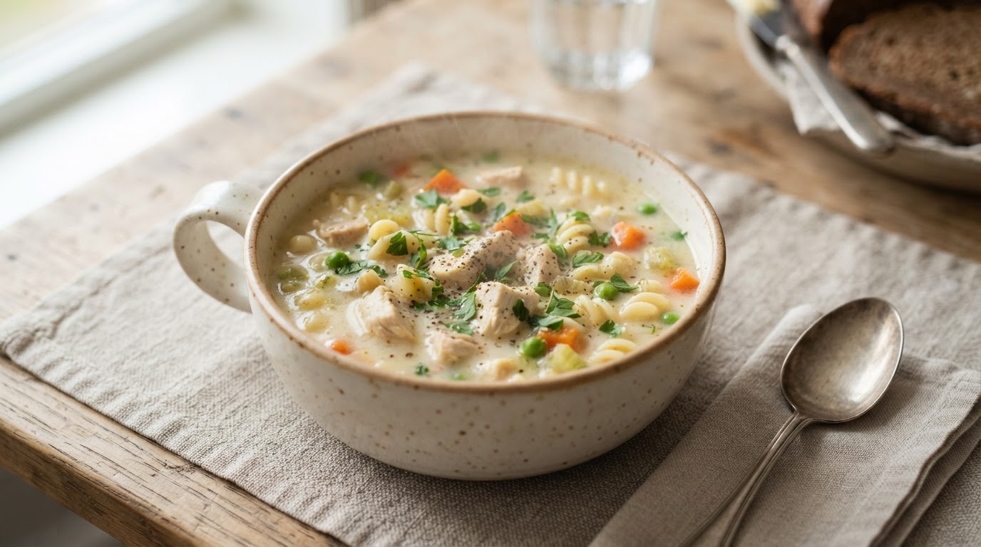 Kremet kyllingsuppe med pasta og grønnsaker – slik ser retten ut