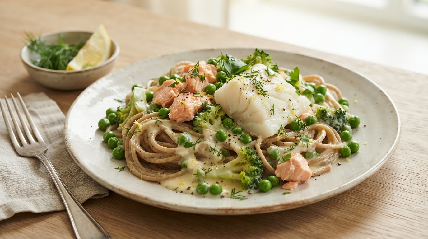 Kremet Lakse- og Torskepasta med Brokkoli og Erter – slik ser retten ut
