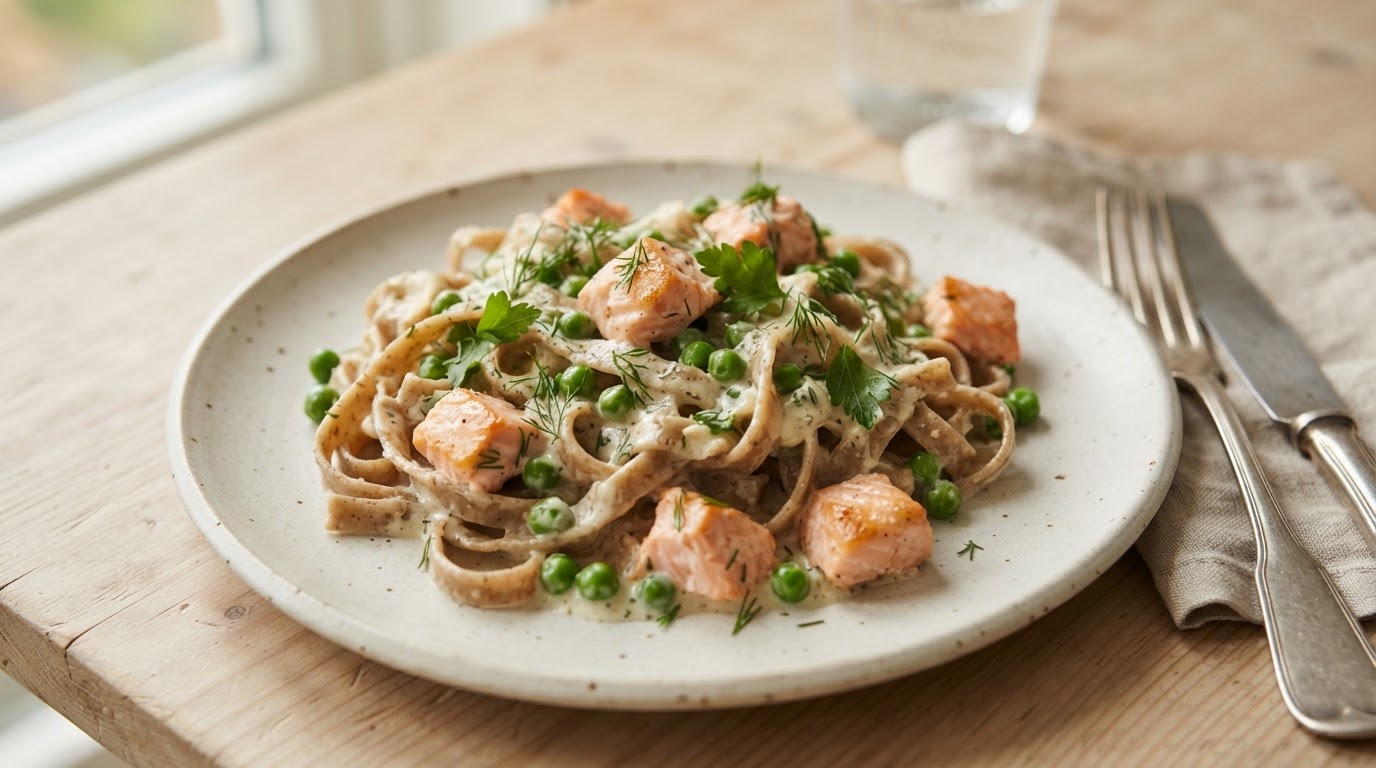 Kremet laksepanne med tagliatelle og erter – illustrasjonsbilde