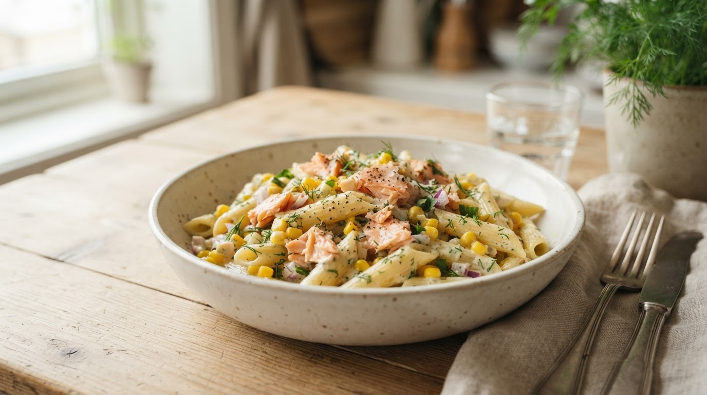 Kremet laksepasta med fersk mais og restelaks – illustrasjonsbilde