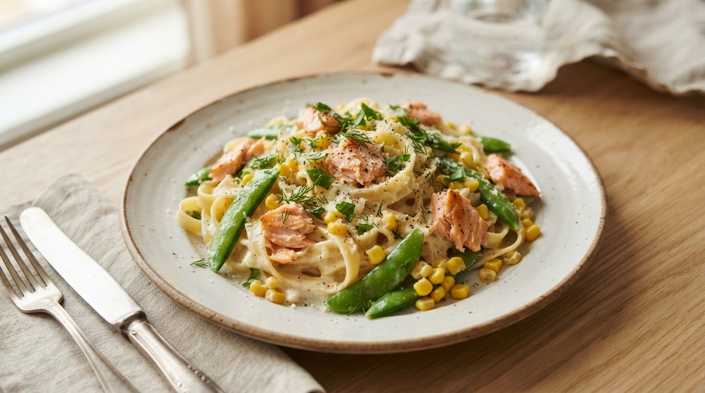 Kremet laksepasta med fersk mais og sukkererter – illustrasjonsbilde