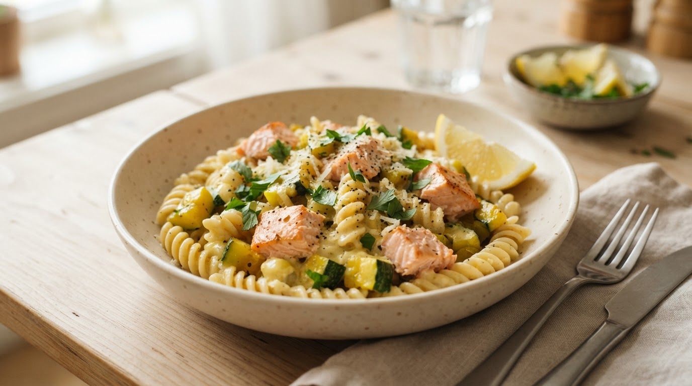 Kremet laksepasta med squash og sitron – slik ser retten ut