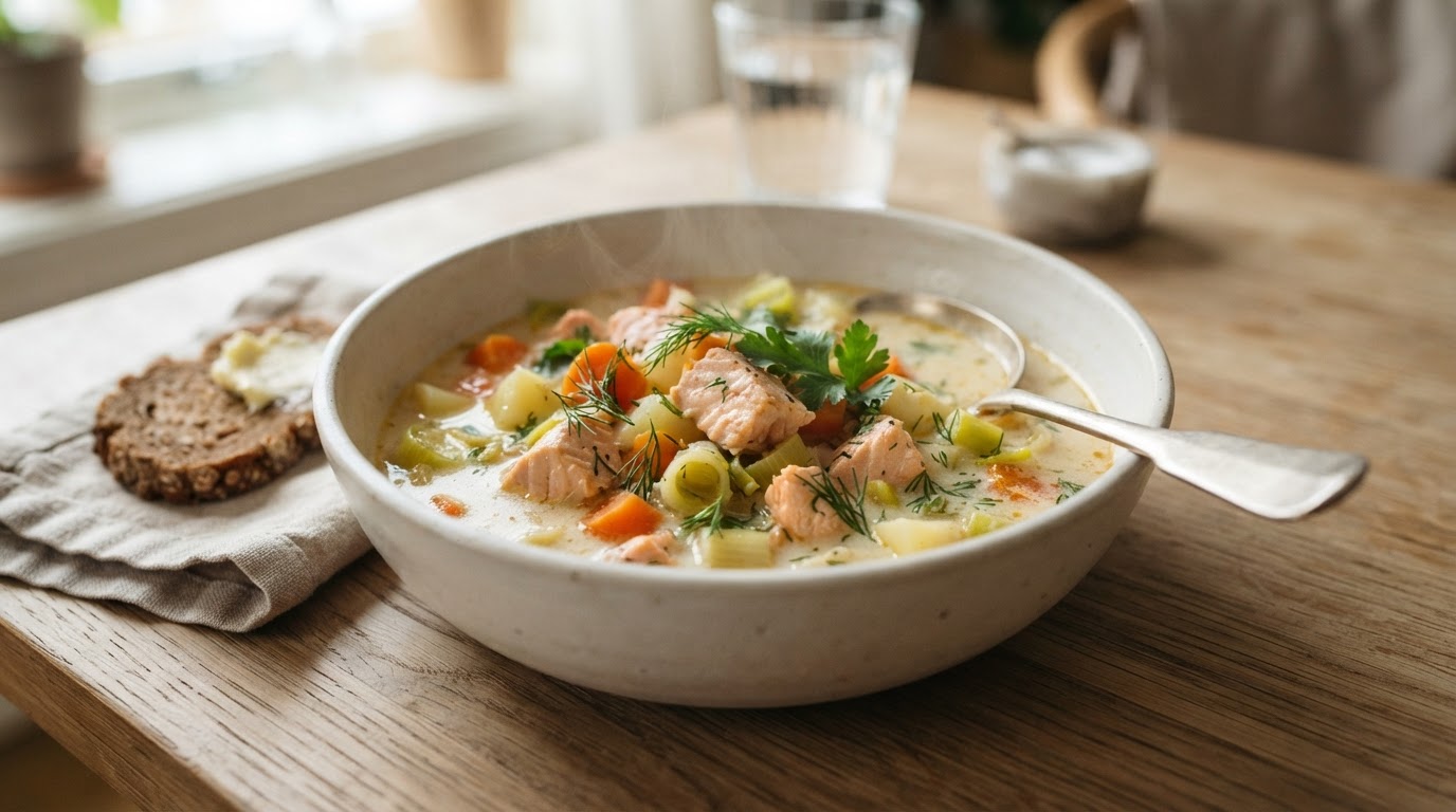 Kremet laksesuppe med rotgrønnsaker – illustrasjonsbilde