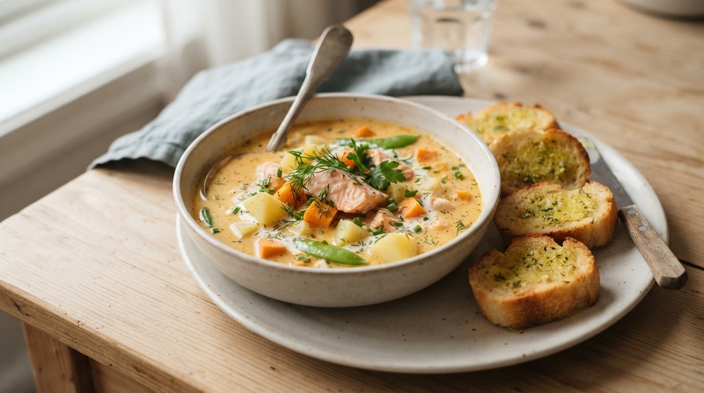 Kremet laksesuppe med søtpotet og sprøtt hvitløksbrød – illustrasjonsbilde