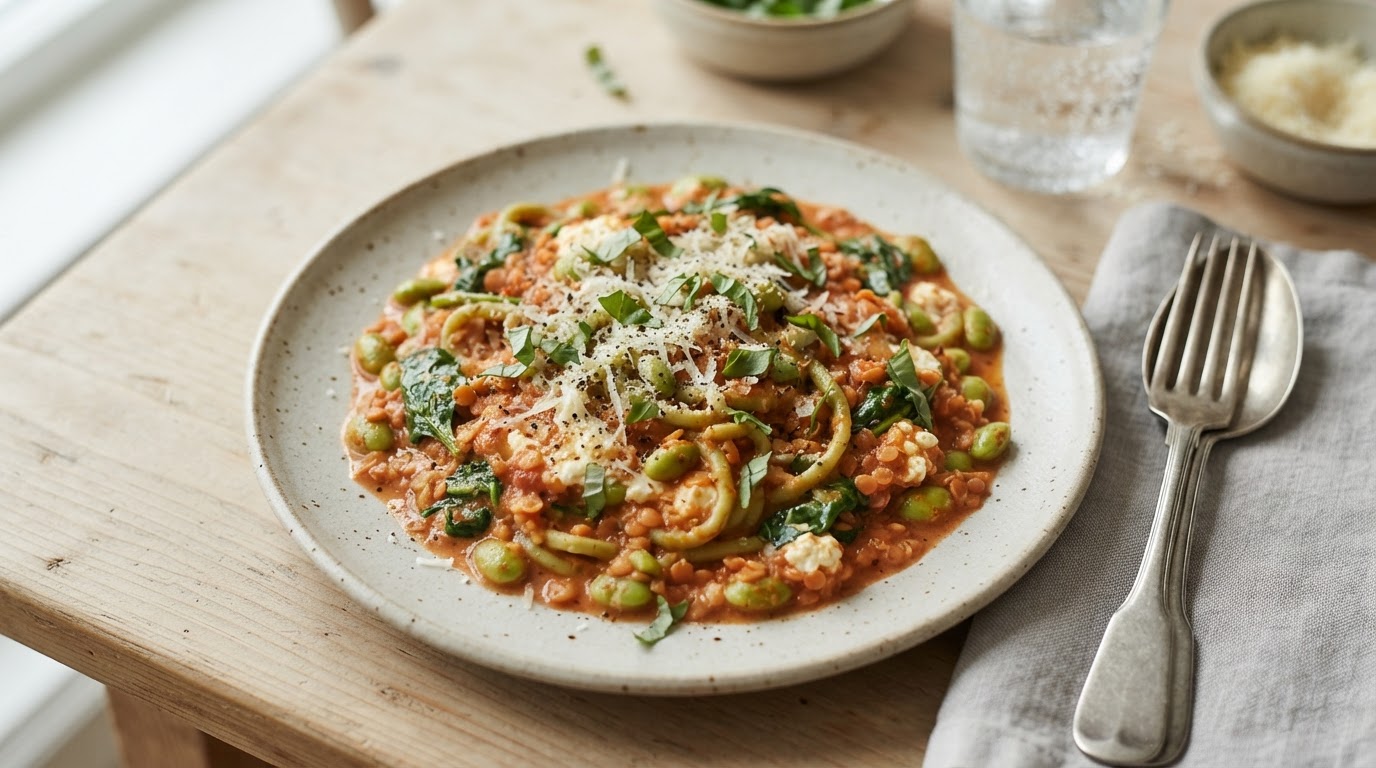 Kremet lavkarbopasta i tomatsaus med linser og spinat – illustrasjonsbilde