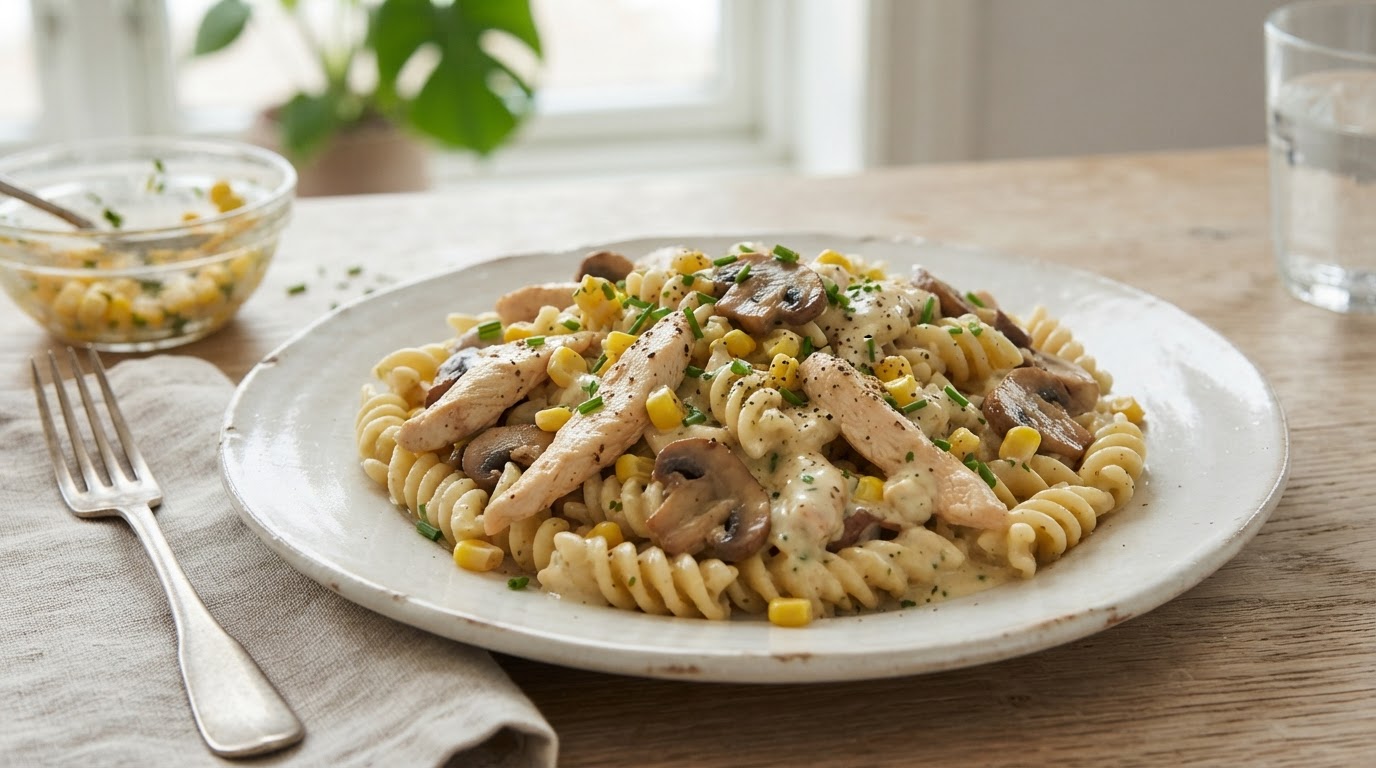 Kremet lavkarbopasta med kylling, fersk mais og aromasopp – slik ser retten ut
