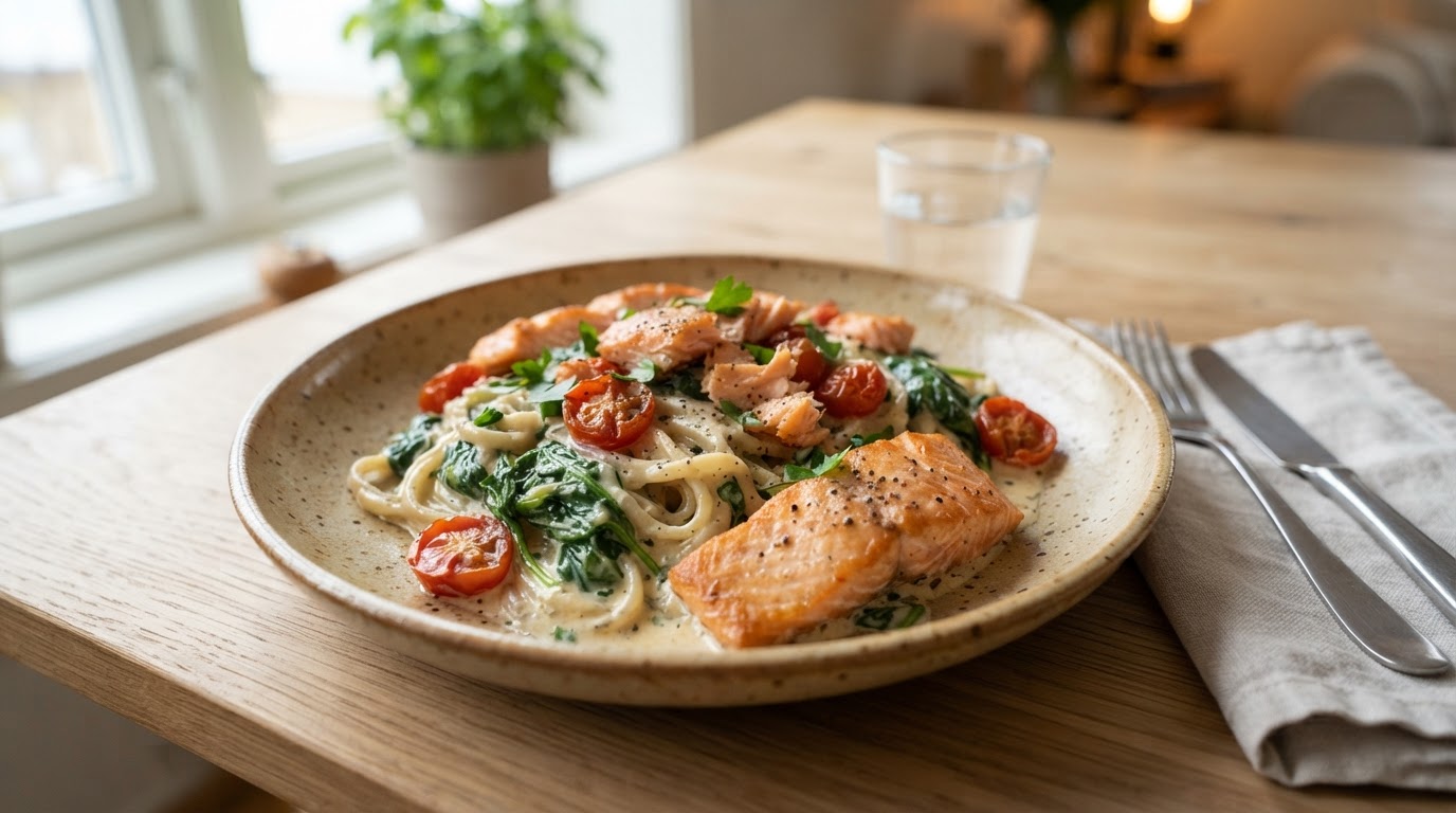 Kremet lavkarbopasta med stekt laks og spinat – illustrasjonsbilde