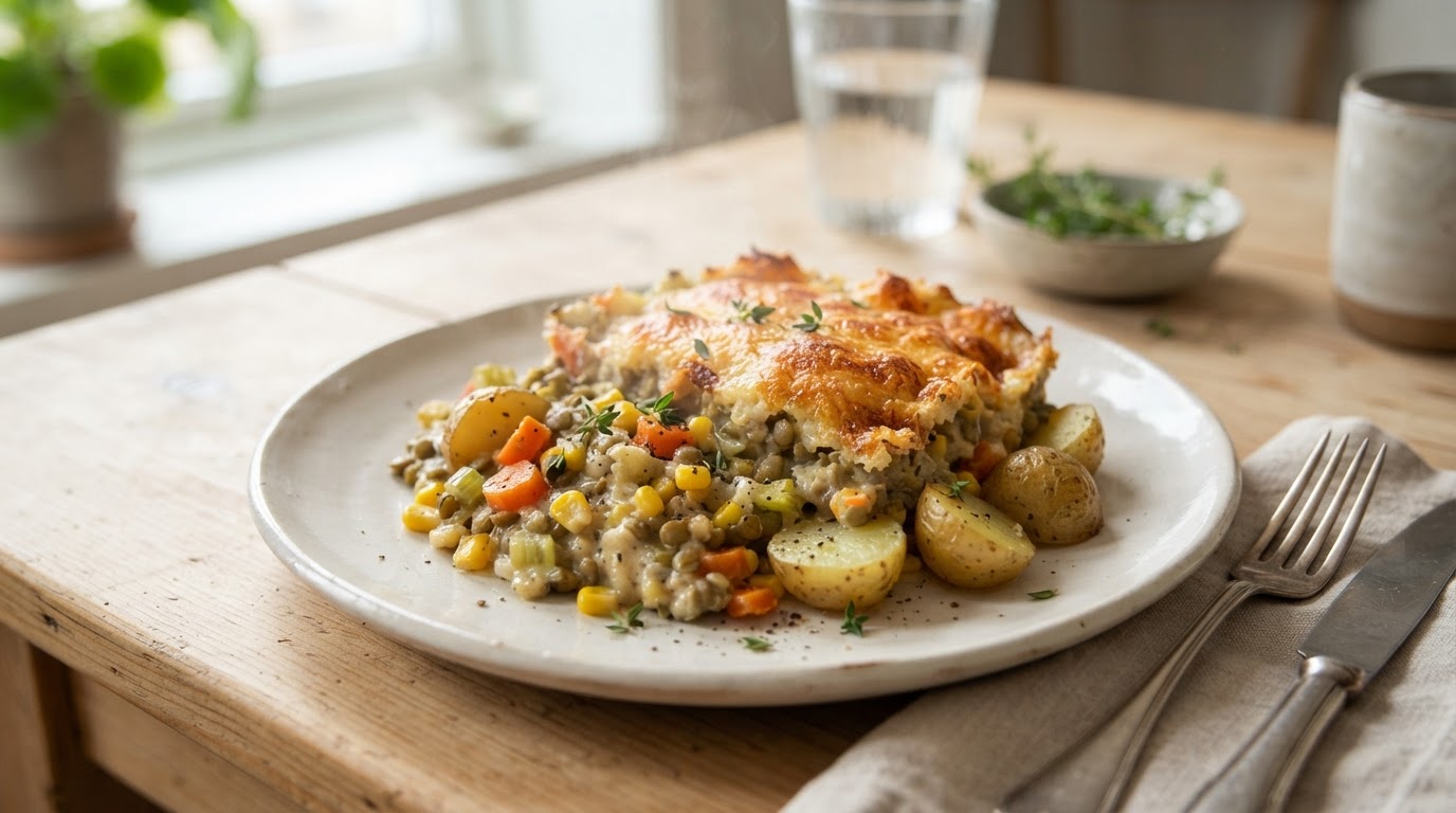 Kremet linse- og grønnsaksform med fersk mais og nypoteter – illustrasjonsbilde