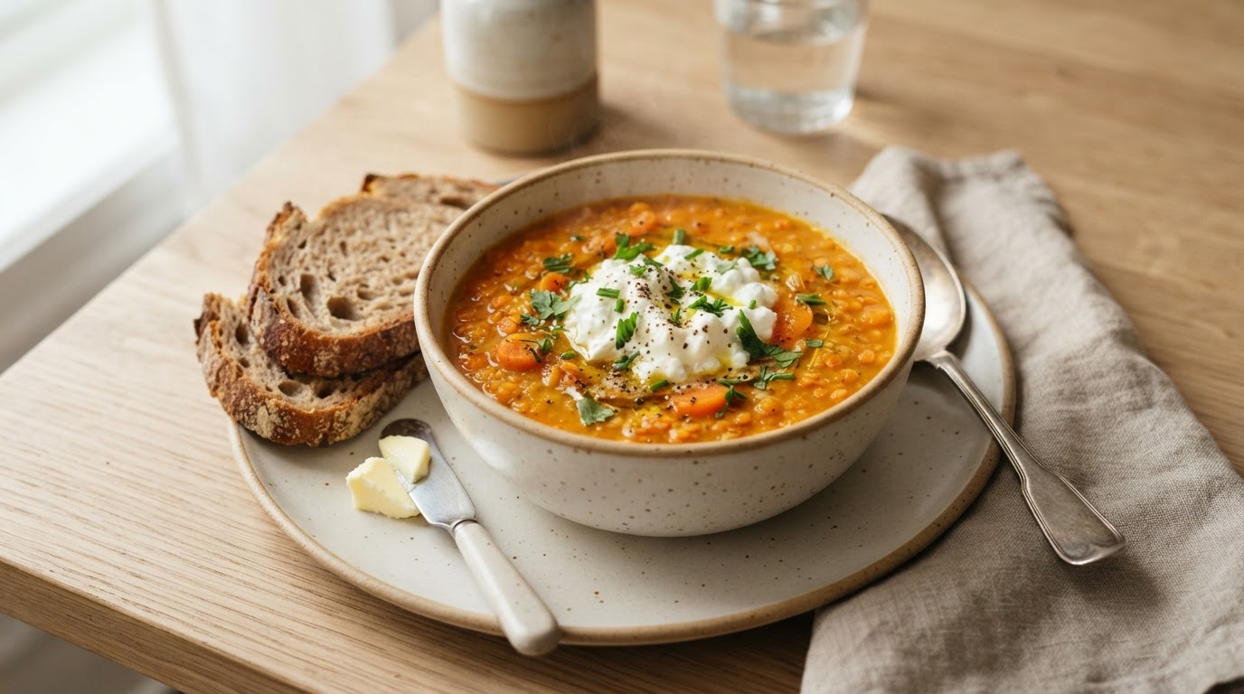 Kremet linse- og gulrotsuppe med cottage cheese og grovt brød – illustrasjonsbilde
