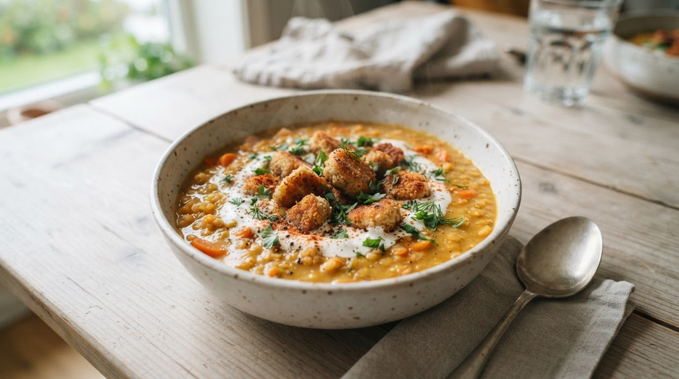 Kremet linse- og gulrotsuppe med sprø veganske biter – illustrasjonsbilde