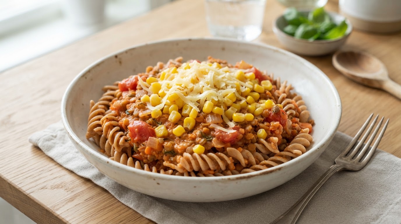Kremet linsebolognese med fullkornspasta, fersk mais og ost – slik ser retten ut