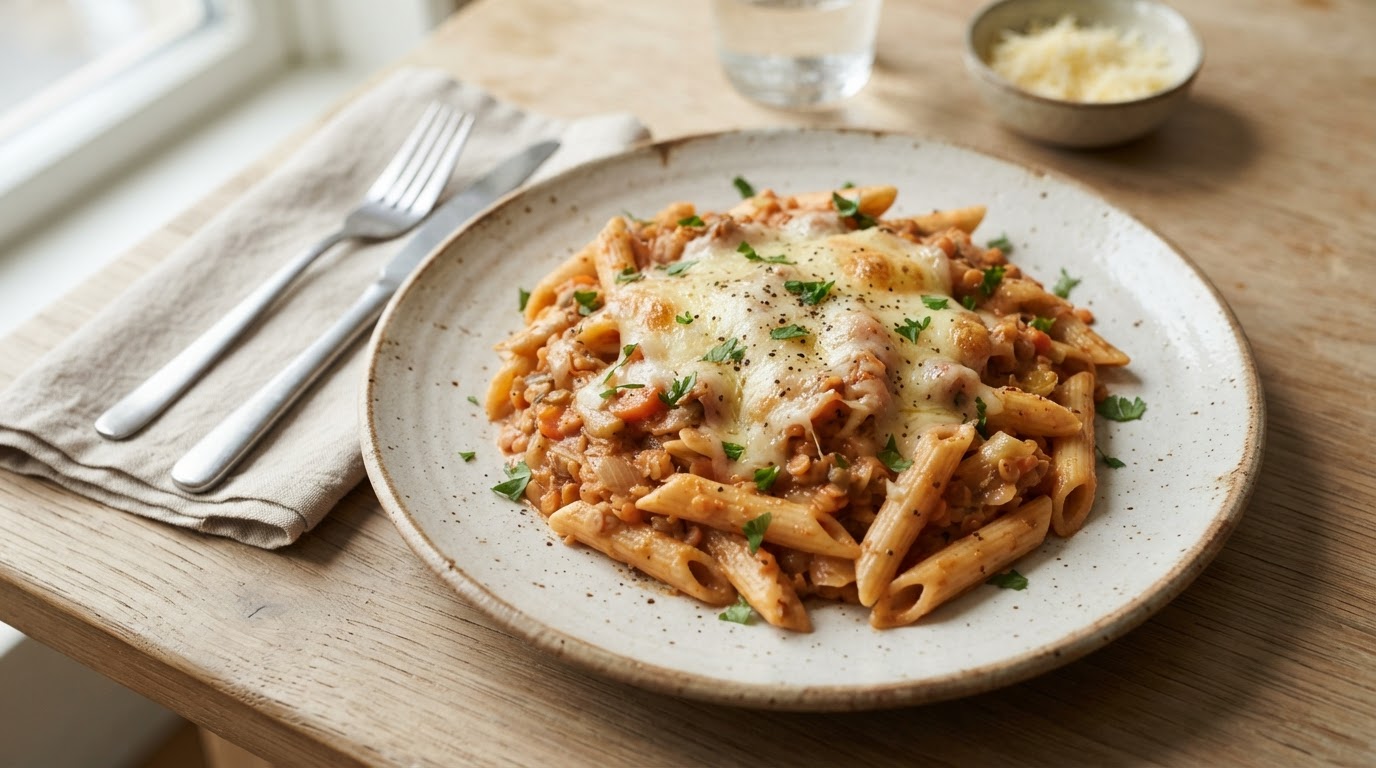 Kremet linsebolognese med pasta og ost – slik ser retten ut