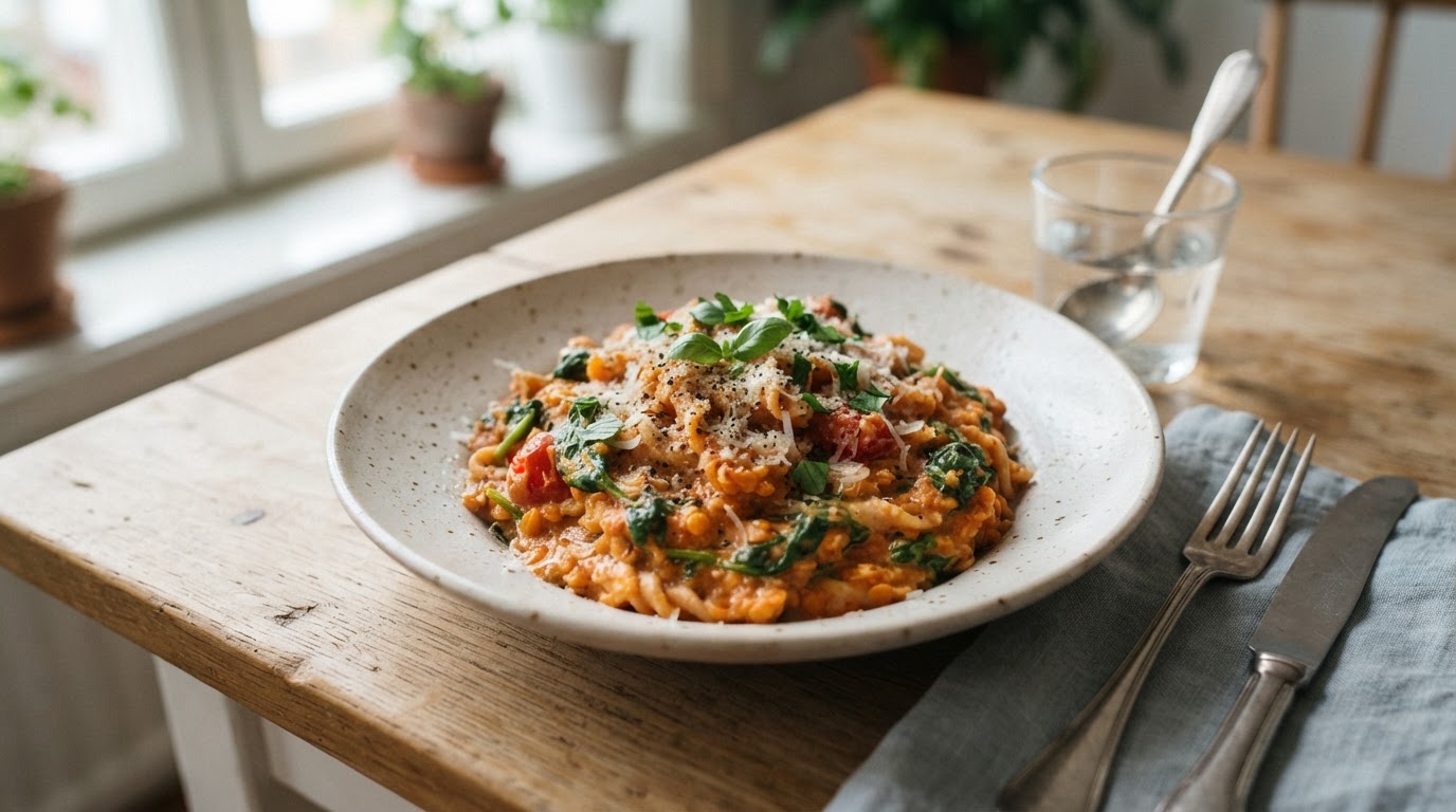 Kremet linsepasta med spinat – illustrasjonsbilde