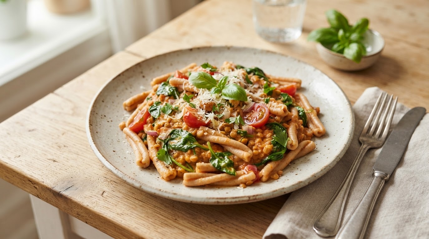Kremet linsepasta med spinat og tomatsaus – illustrasjonsbilde