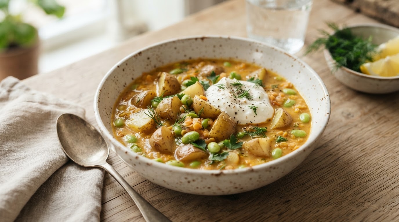 Kremet linsesuppe med edamamebønner og nypoteter – illustrasjonsbilde