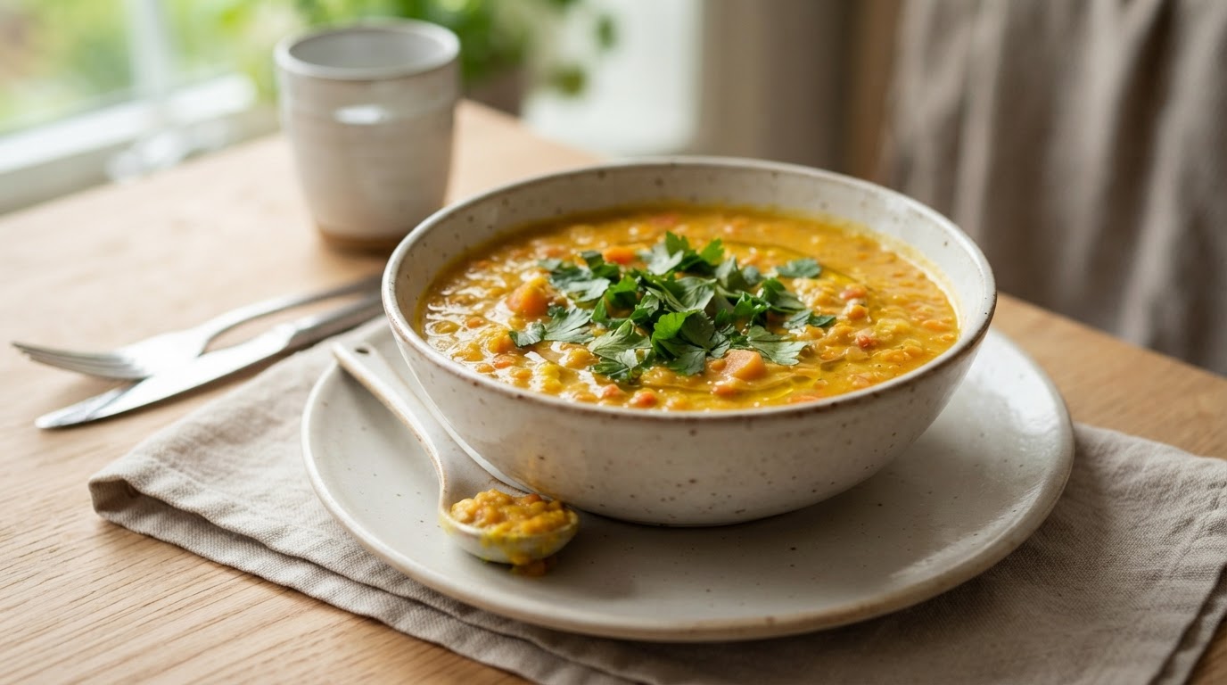 Kremet linsesuppe med gurkemeie og gulrot – illustrasjonsbilde