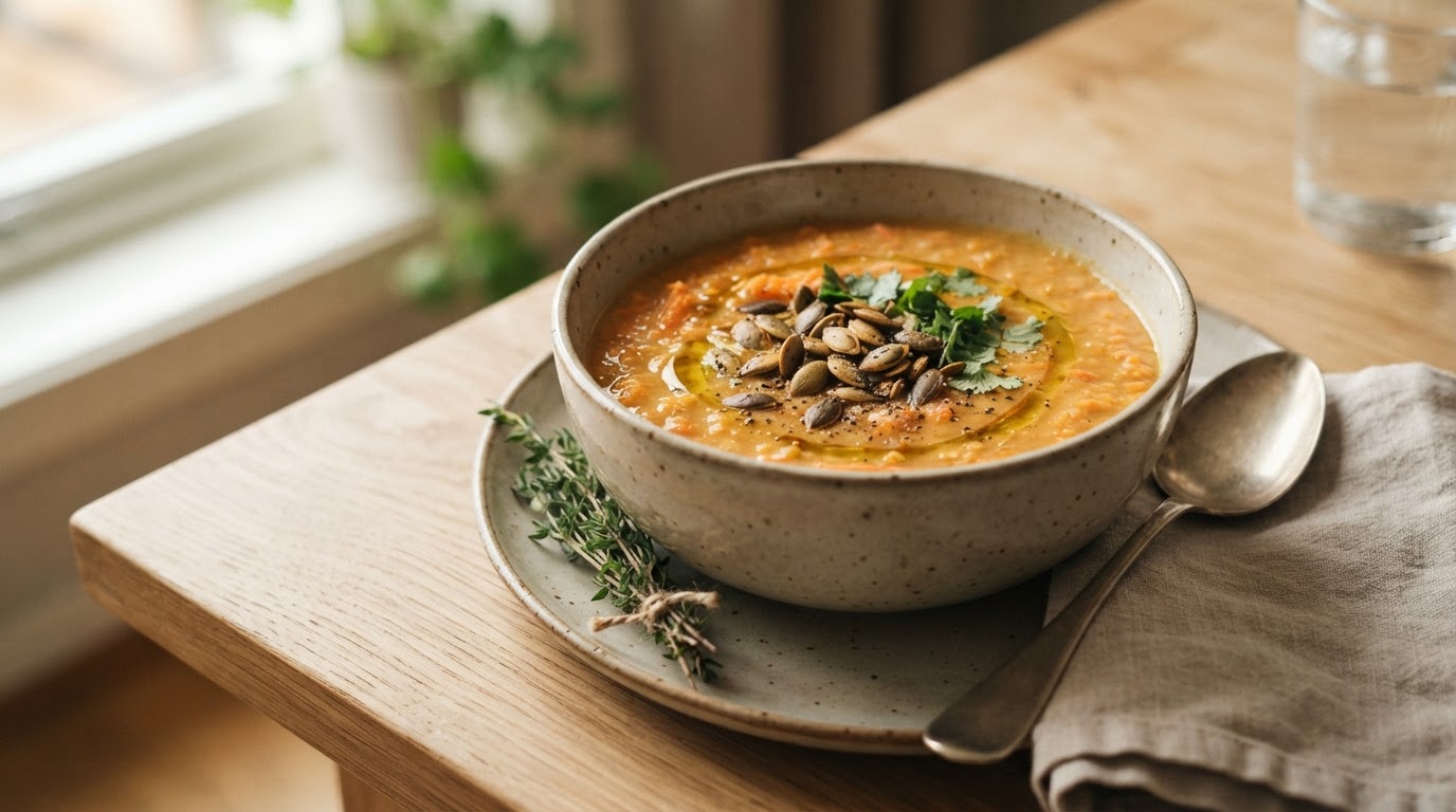 Kremet linsesuppe med revne gulrøtter – illustrasjonsbilde